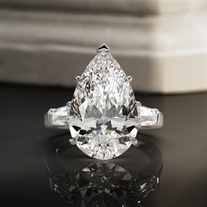 HUGE 10 Carat Pear Cut Lab Grown Diamond Three Stone Ring / Trilogy tapered baguette and pear cut engagement ring / Luxury 3 stone ring