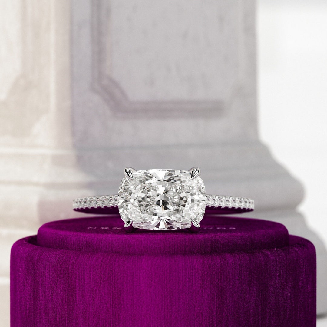 East West Lab Diamond Ring / 2 Carat Elongated Cushion Lab Grown