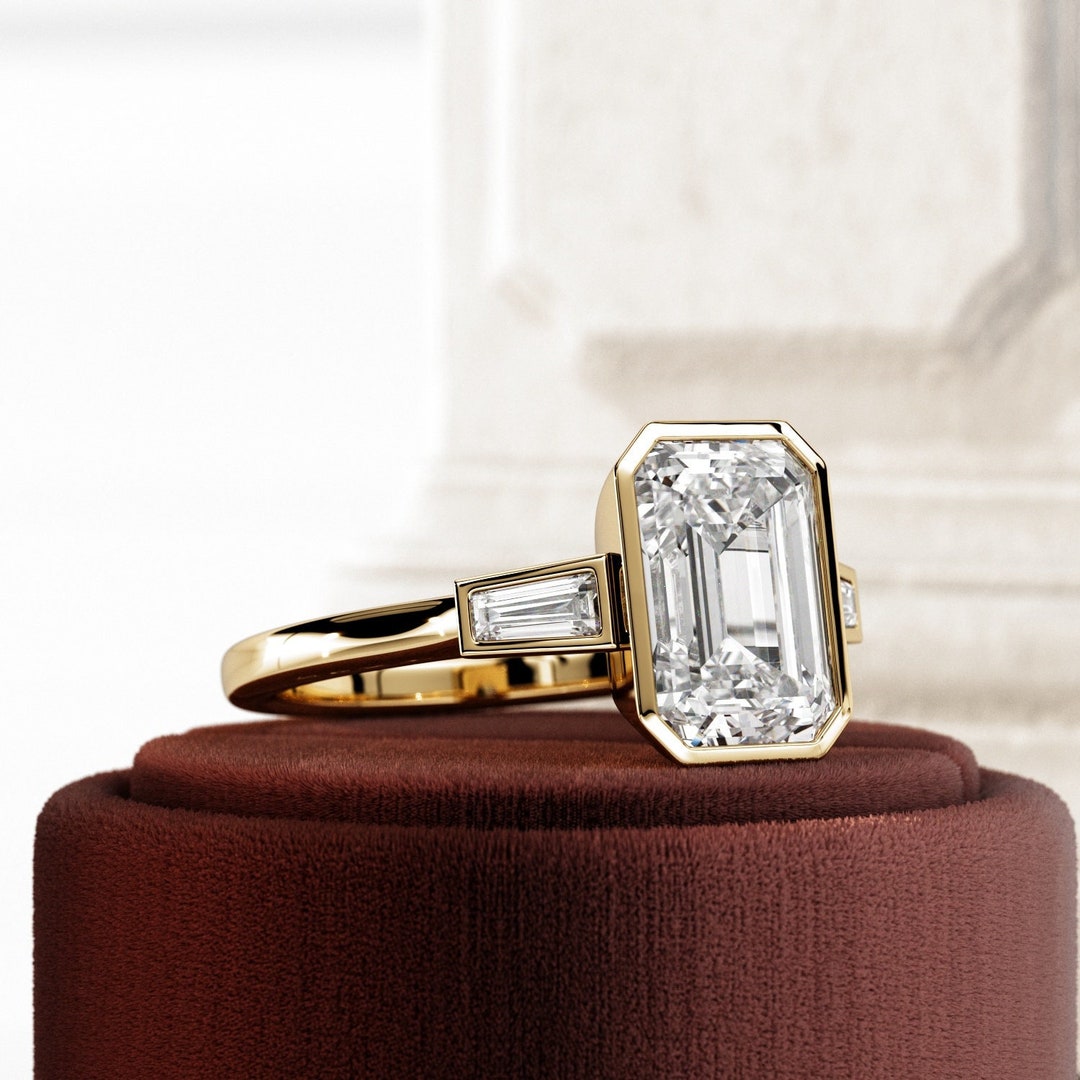 2 Carat Emerald Cut F VVS2 Lab Grown Diamond 3 Stone Engagement Ring ...