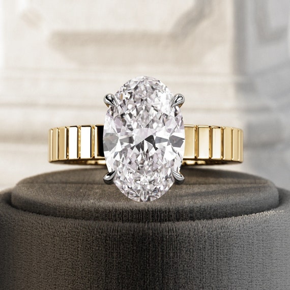3 Carat Oval Lab Grown CVD Diamond E VS1 Thick Engagement Ring 