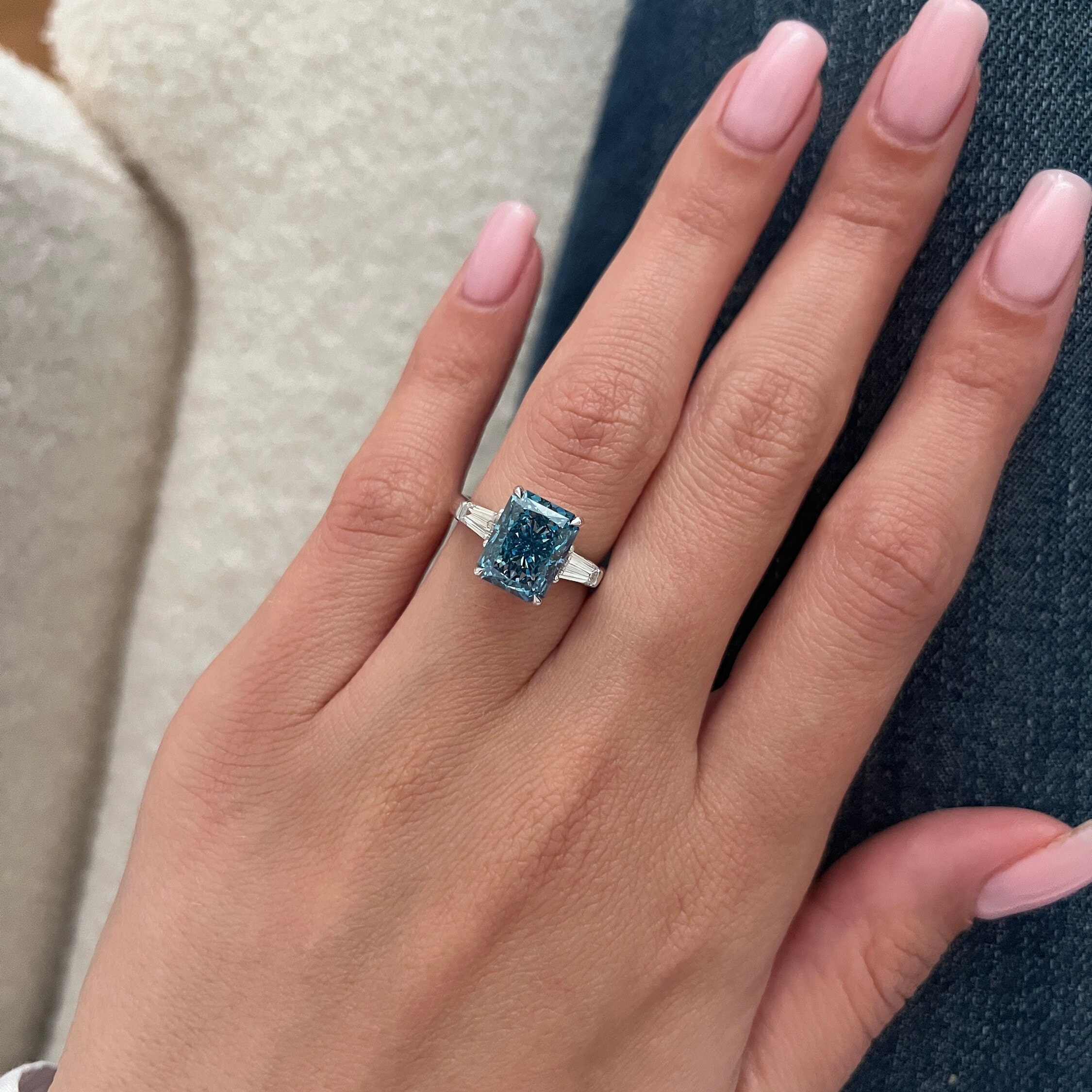 4 Carat Radiant Fancy Vivid Blue Lab Diamond 3 Stone Engagement 