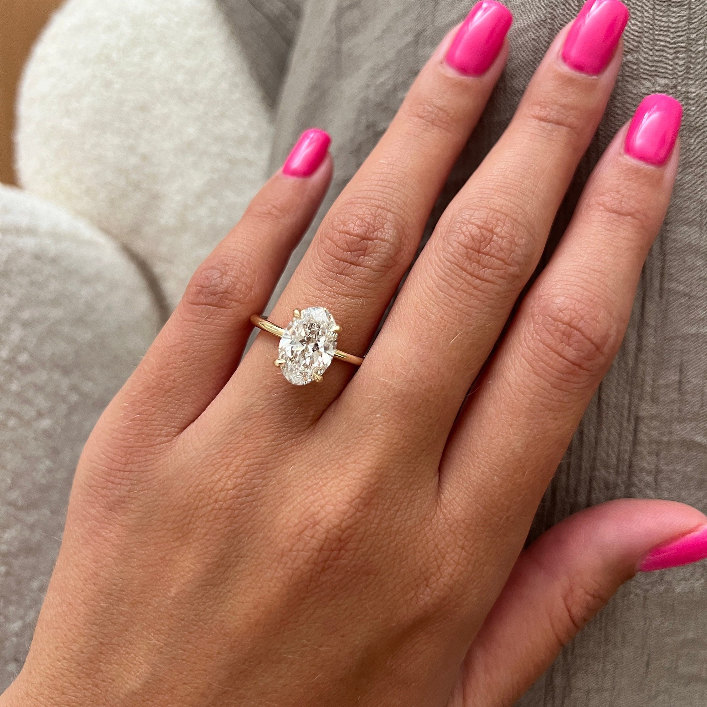 3 Carat Oval Lab Grown Diamond Hidden Halo Engagement Ring / Dainty Thin 4 Prong Oval Shape CVD Diamond Ring / Minimal Bridal Ring 14k Gold