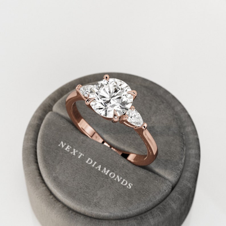 1.5CT Round Lab Grown Diamond Three Stone Bridal Set / Crown Engagement Ring Set / 3 Stone Diamond Ring / Pear & Round Cut / 14K 18K Gold image 9