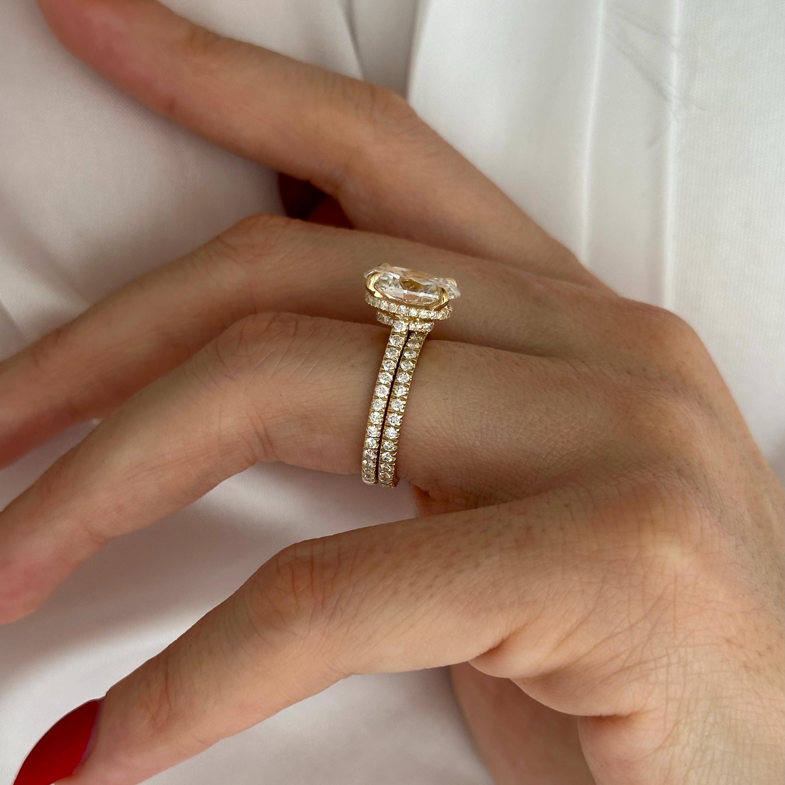 3 Carat Oval Lab Diamond Double Hidden Hallo Engagement Ring Set / 14k Yellow Gold Bridal Set / Pave Ring & Matching Band / 4 Carat Total