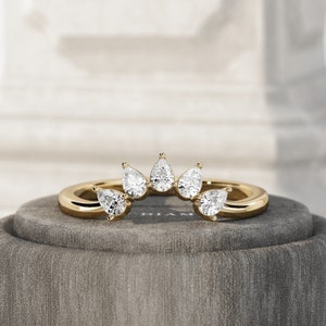 1.5CT Round Lab Grown Diamond Three Stone Bridal Set / Crown Engagement Ring Set / 3 Stone Diamond Ring / Pear & Round Cut / 14K 18K Gold image 7
