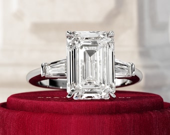 5 Carat Emerald Cut Lab Grown Diamond 3 Stone Ring / Emerald VVS2 F & Tapered Baguette Triad Ring / White Gold Trilogy CVD Diamond Ring