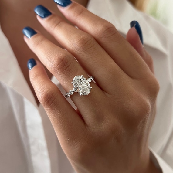 3 Carat Oval Lab Grown Diamond Hidden Halo Ring / Shared Prongs Diamond Engagement Ring / White Gold Luxury Engagement Ring White Gold