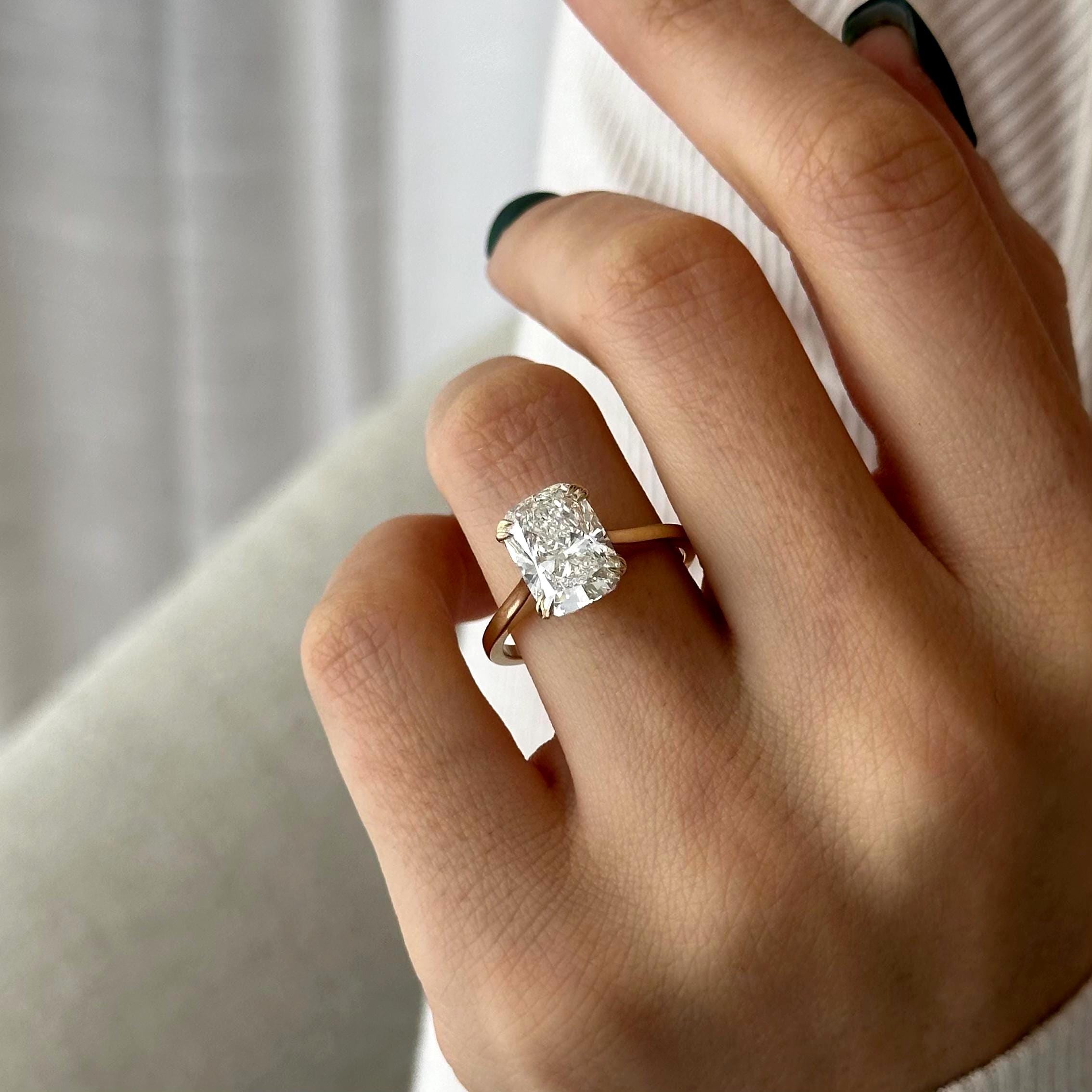 4 Carat Elongated Cushion F VS1 Lab Grown Diamond Lotus Set Engagement Ring in Yellow Gold / Unique High Set Proposal Ring / Cathedral Ring