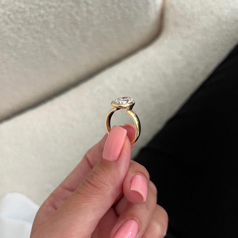 3 Carat Pear Cut Lab Grown Diamond Ring in 14K Yellow Gold Bezel ...