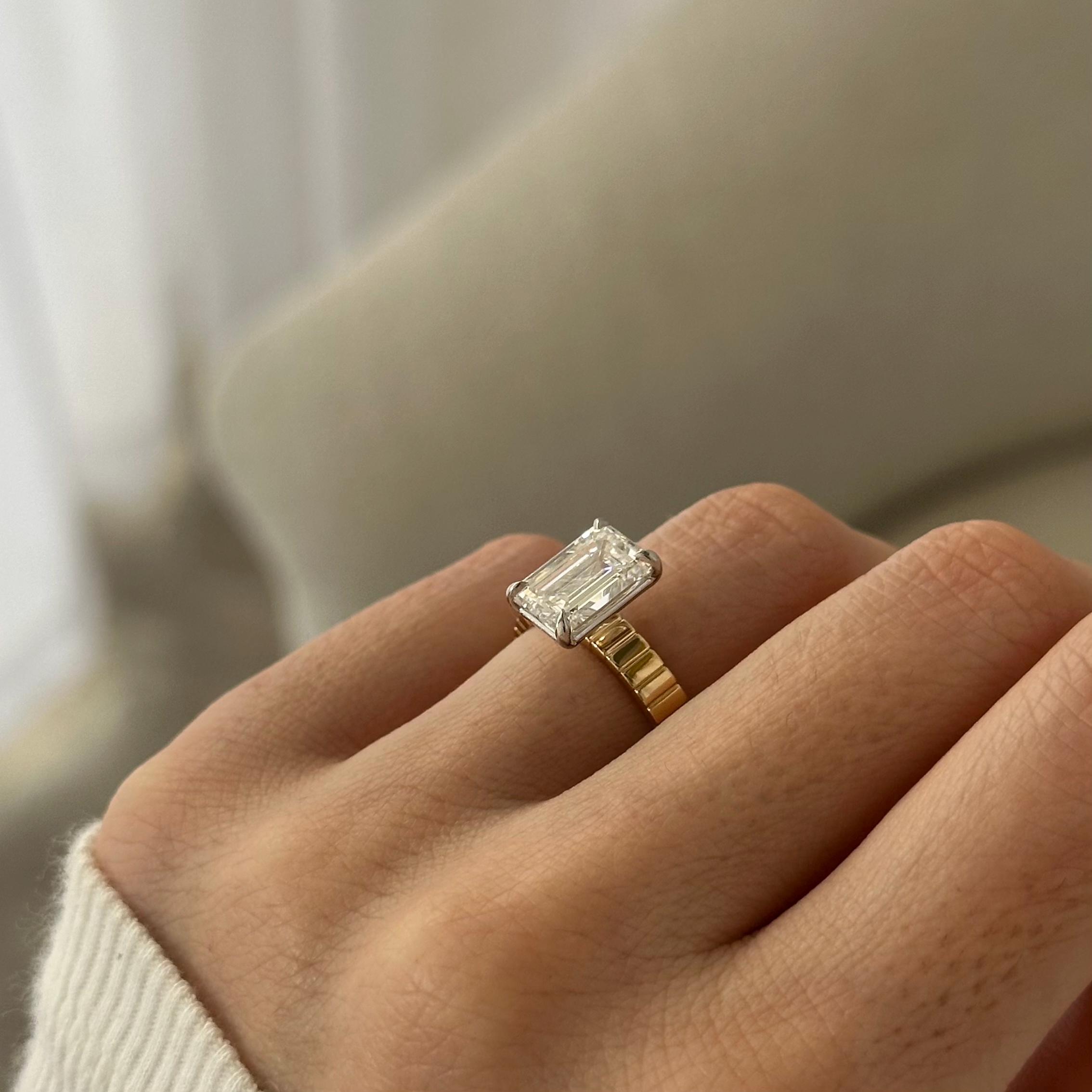 cigarette band engagement ring 3 Carat Emerald Cut Lab Grown Diamond E VVS2 Cigar Band Engagement Ring /  Wide Two Tone Diamond Ring IGI Certified / 3.5MM Solitaire Ring