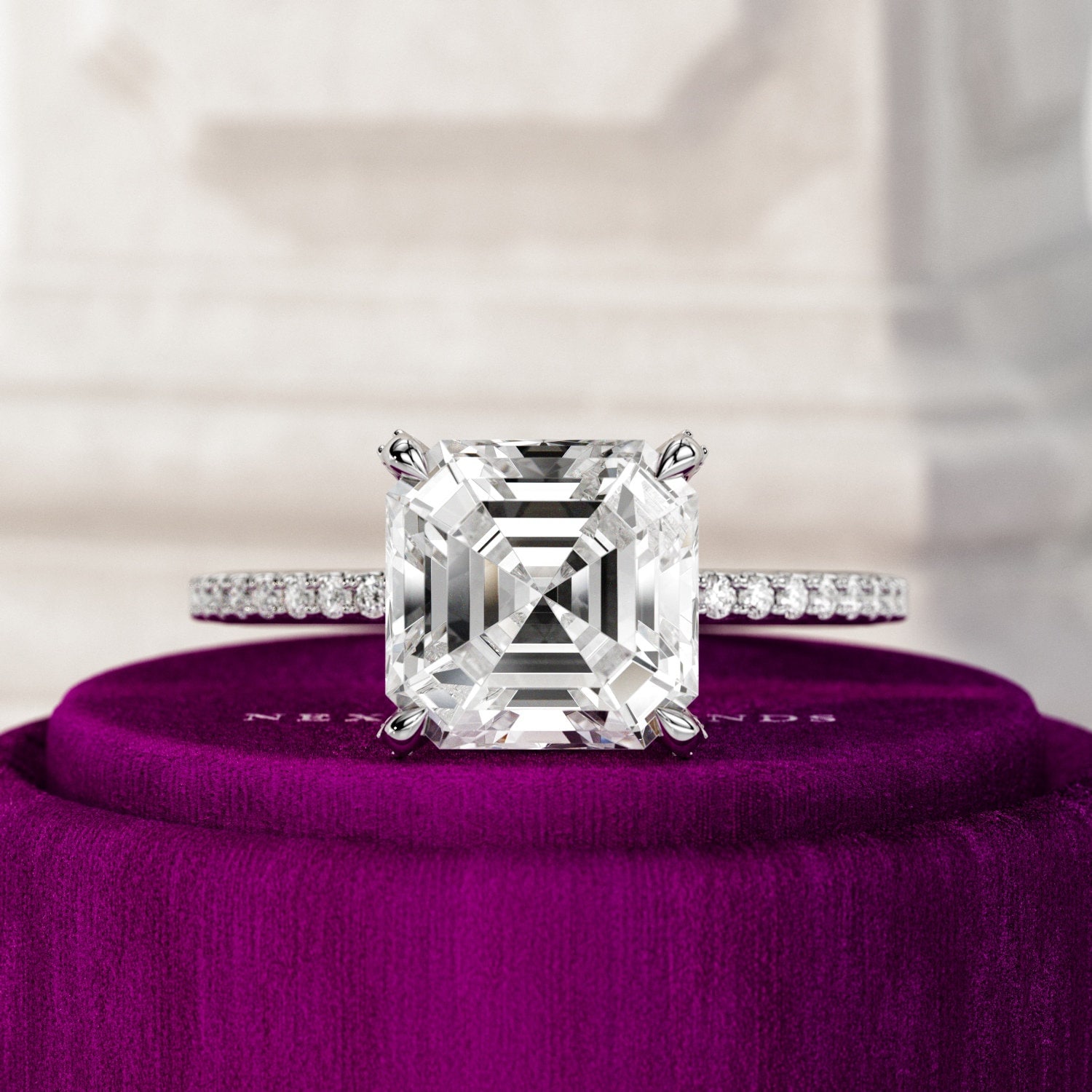 3 Carat E VVS2 Asscher Cut Lab Grown Diamond Ring / 18k White Gold Hidden Halo Pave Engagement Ring / 14k White Gold Pave Prongs Unique Ring