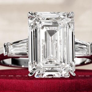 5 Carat Emerald Cut Lab Grown Diamond 3 Stone Ring / Emerald VVS2 F & Tapered Baguette Triad Ring / White Gold Trilogy CVD Diamond Ring