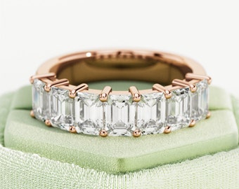 Rose Gold Emerald Cut Lab Grown Diamond Band / 7 Stone Emerald 2.1CT Diamond Ring / Emerald Shape / Multi Stone Wedding Band / Stacking Ring