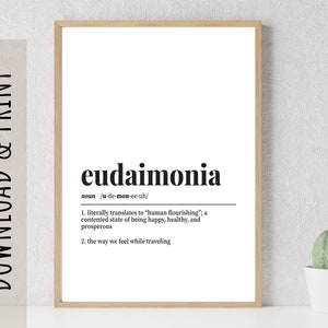 PRINTABLE Travel Definition Print, Eudaimonia, Minimalist Black and White Typography, DIGITAL DOWNLOAD