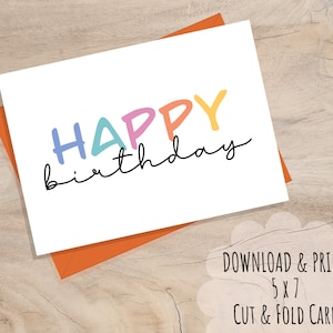 Carte de joyeux anniversaire simple IMPRIMABLE, carte de vœux arc-en-ciel colorée, anniversaire d’enfants, TÉLÉCHARGEMENT INSTANTANÉ, typographie 5x7 vierge à l’intérieur