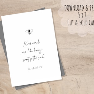 Las palabras amables minimalistas IMPRIMIBLES son como una tarjeta de notas de miel, DESCARGA INSTANTE 5x7 en blanco por dentro, Proverbios 16:24, Versículo bíblico, Saludo cristiano