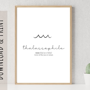 PRINTABLE Minimalist Definition Print, Thalassophile, Black and White Typography, Beach Decor, DIGITAL DOWNLOAD