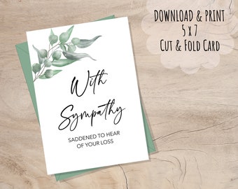 PRINTABLE Sympathy Card, INSTANT DOWNLOAD, 5x7 With Sympathy, Eucalyptus, Sorry for Your Loss, Encouragement Card, Blank Inside