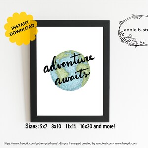 Adventure Awaits Printable, Hand Drawn and Lettered, Travel Quote Wall ...