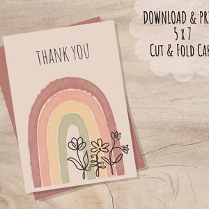 PRINTABLE Boho Rainbow Thank You Card, INSTANT DOWNLOAD, 5x7 Neutral Rainbow Retro Bohemian Greeting Card, Appreciation, Blank Inside