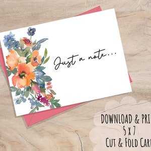 PRINTABLE Floral Just a Note Greeting Card, INSTANT DOWNLOAD, 5x7 Cut and Fold Card, Peach Coral Flowers, Encouragement Card, Blank Inside