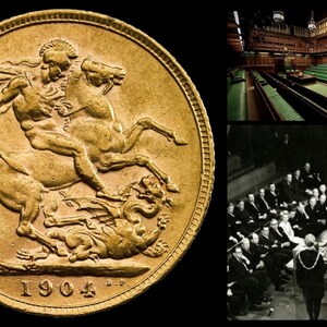 May include: A gold coin featuring a detailed relief of a man on horseback slaying a dragon, dated 1904. The image also includes interior shots of a legislative chamber, with rows of green benches and a formal meeting.