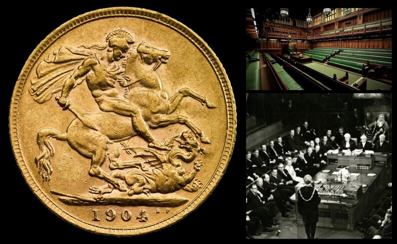 May include: A gold coin featuring a detailed relief of a man on horseback slaying a dragon, dated 1904. The image also includes interior shots of a legislative chamber, with rows of green benches and a formal meeting.