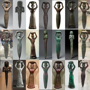 May include: A collection of 21 small bronze statues of figures holding a bowl or tray above their heads. The figures are all standing upright and have a similar style, with a long, slender body and a simple, stylized head. The statues are in various shades of green, brown, and black.