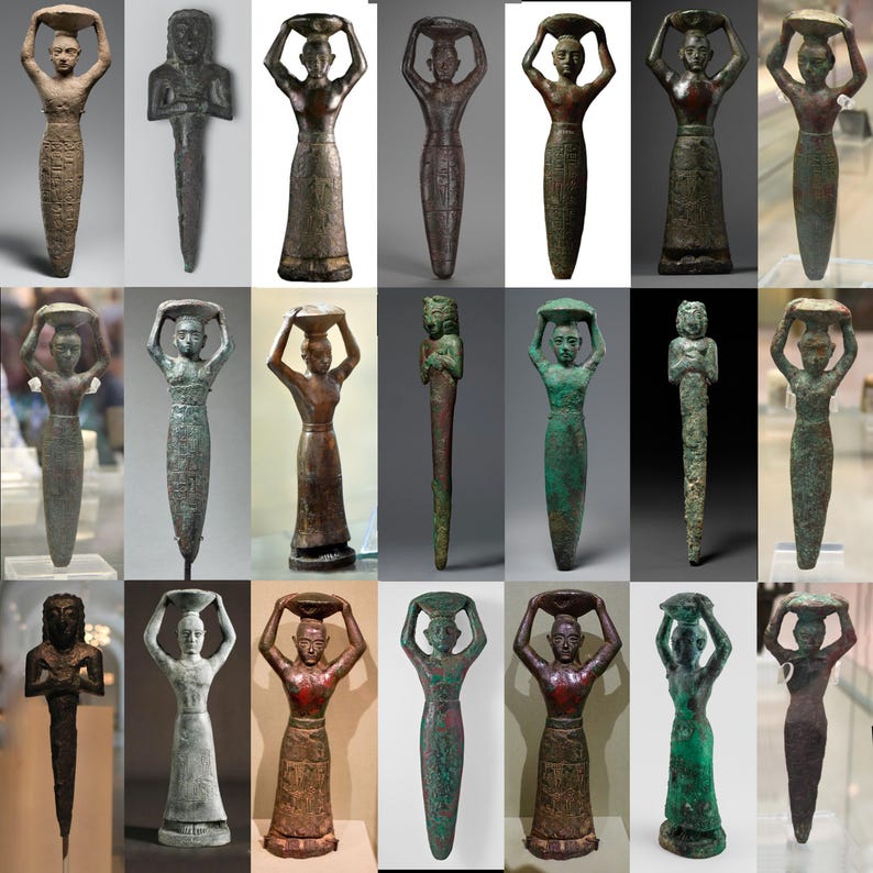 May include: A collection of 21 small bronze statues of figures holding a bowl or tray above their heads. The figures are all standing upright and have a similar style, with a long, slender body and a simple, stylized head. The statues are in various shades of green, brown, and black.