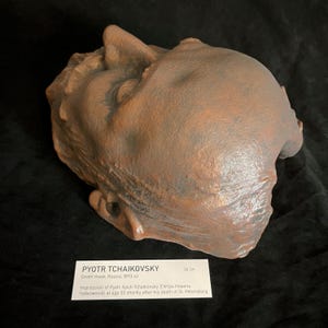 Puede incluir: Una m&aacute;scara mortuoria de color bronce de Pyotr Tchaikovsky, creada en Rusia en 1893. La m&aacute;scara mide aproximadamente 26 cm de largo. Una etiqueta debajo proporciona detalles sobre el sujeto y el origen de la m&aacute;scara.