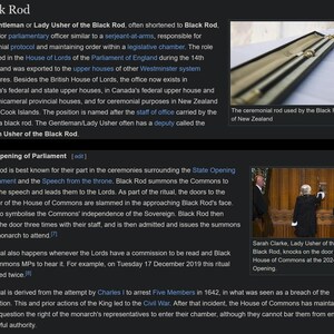 May include: A ceremonial black rod in a black case, with gold detailing. The rod is used by the Gentleman or Lady Usher of the Black Rod in parliamentary ceremonies. The image also shows the Lady Usher knocking on a door.