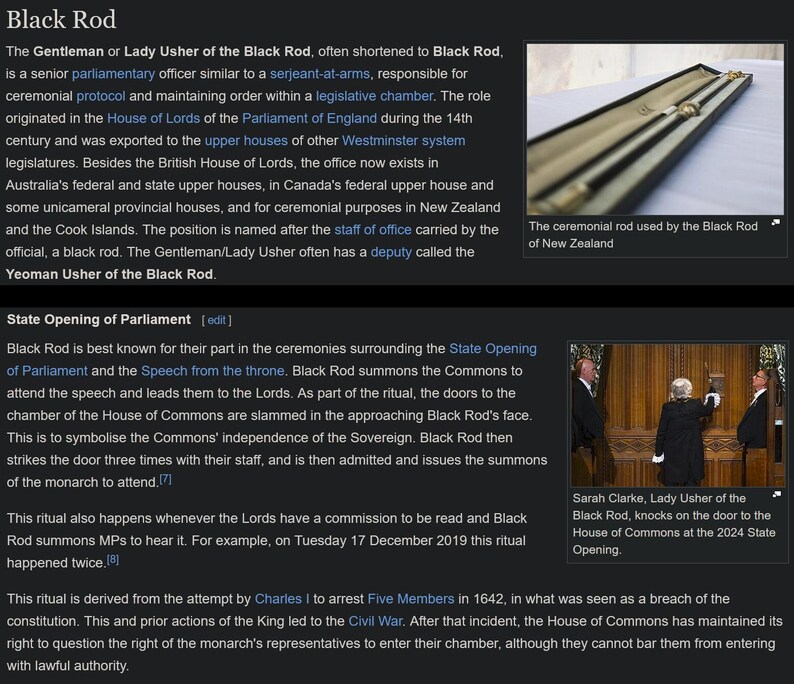 May include: A ceremonial black rod in a black case, with gold detailing. The rod is used by the Gentleman or Lady Usher of the Black Rod in parliamentary ceremonies. The image also shows the Lady Usher knocking on a door.