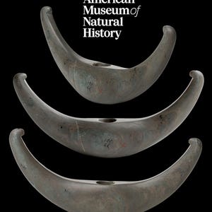 May include: Three grey stone crescent-shaped objects with a hole in the centre. The objects are stacked on top of each other. The objects are labelled with the text "American Museum of Natural History".