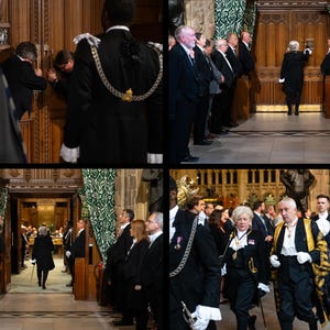 May include: A composite image depicts a formal gathering, likely a ceremony or parliamentary event. Individuals in suits and formal wear are seen in a corridor and walking. The architecture suggests a government building or similar venue.