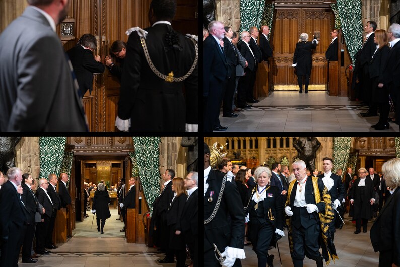 May include: A composite image depicts a formal gathering, likely a ceremony or parliamentary event. Individuals in suits and formal wear are seen in a corridor and walking. The architecture suggests a government building or similar venue.