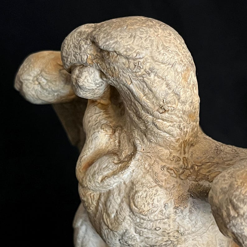May include: A detailed sculpture of a figure with a textured, off-white surface. The sculpture has a rough, aged appearance with visible details and shadows. The figure's form is partially visible against a dark background, highlighting its shape and texture.