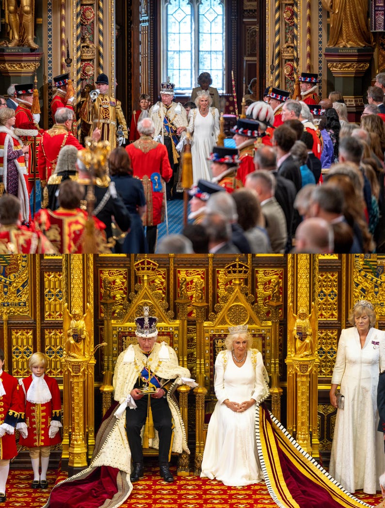 May include: A formal ceremony with individuals in ceremonial dress, including crowns and robes. The setting is a grand hall with elaborate gold detailing and a large window. The image captures a moment of historical significance, with many people in attendance.