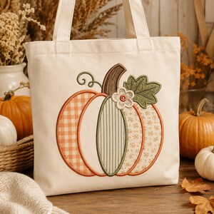 Patchwork Pumpkin Applique Embroidery Design, Fall Gingham Pumpkin Machine Embroidery File, Autumn Tote Bag Harvest Design PES DST