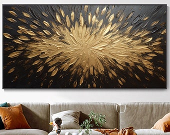 Golden Dazzle Flame Abstract Extra Large Banner Arte Moderno Pintura al Óleo Textura Gruesa Contraste Dorado y Negro Decoración Pared Hogar