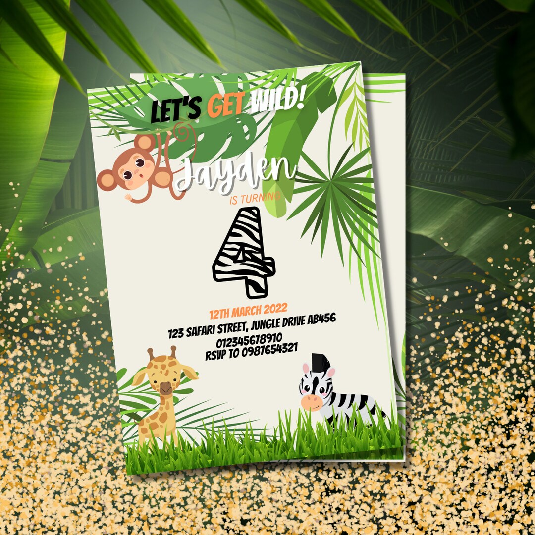 Personalised Safari Birthday Invitation. Lets Get Wild Party Animals