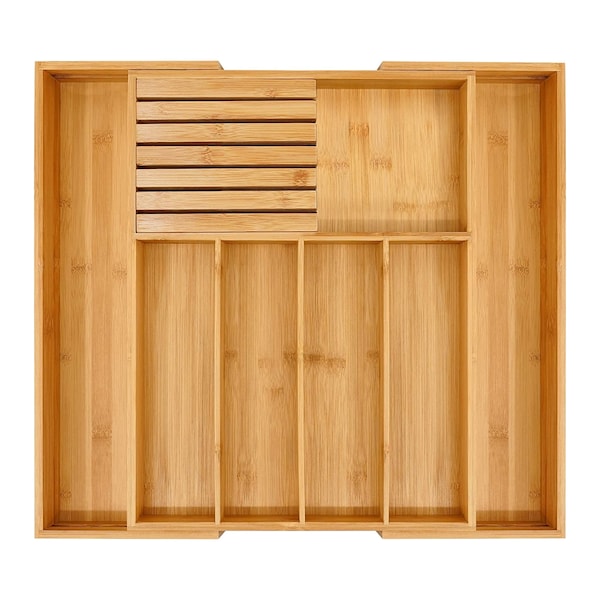 Bamboo Large Cutlery Tray Organiser Utensil Holder Extendable Kitchen Drawer Organiser Divider with Removable Knife Block