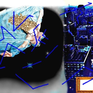 May include: A woman in a blue dress floats in the air, surrounded by blue lightning bolts. A man with a mustache and a blue shirt gives a thumbs up in a gold frame. The text "Mission of Distinction (new policy)" is below the man. A city skyline is in the background with the text "Fairy Tale: The Silver Screen" in a gold frame.