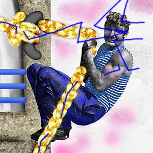 Puede incluir: Un hombre con pantalones vaqueros azules y una camisa a rayas escala una cuerda. La cuerda es trenzada y de color dorado. El fondo es rosa y blanco. Una imagen enmarcada de un hombre con un gesto de pulgar hacia arriba se encuentra en la esquina inferior derecha. La imagen tiene un marco dorado y un fondo azul. El texto en la imagen dice "Moktan" y "Papel de la inspiración (calidad musical)". El texto debajo de la imagen dice "Play Da's" / "Regard / Prince /"