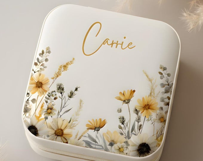 Personalized Floral Jewelry Box, Custom Name Travel Jewelry Case, Bridesmaid Gift, Wedding Gift for Her | Portable Ring & Earring Storage