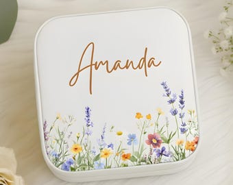 Personalisierte Blumen Schmuckschatulle, benutzerdefinierte Name Reise Schmuckschatulle, Brautjungfer Geschenk, Hochzeitsgeschenk für Sie | Tragbare Ring- & Ohrringaufbewahrung
