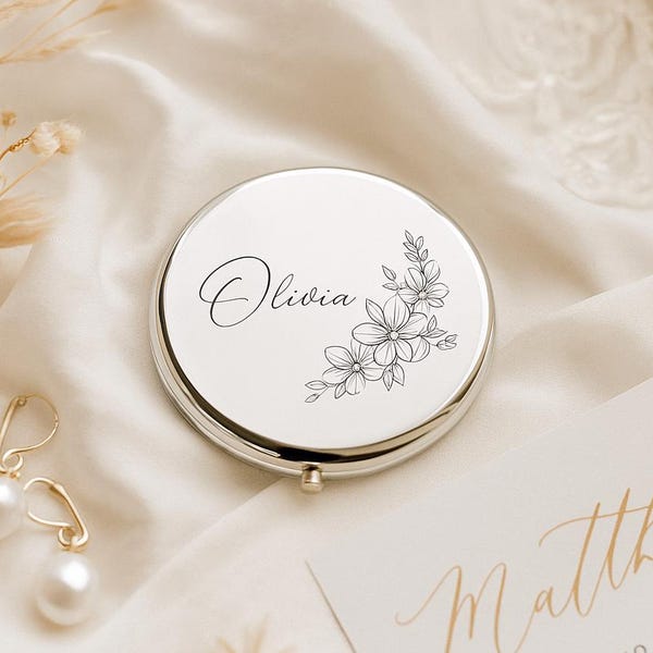 Bridesmaid Proposal Gift – Personalized Compact Mirror – Engraved Name Pocket Mirror – Rose Gold Bridesmaid Favor, Travel Makeup Mirror
