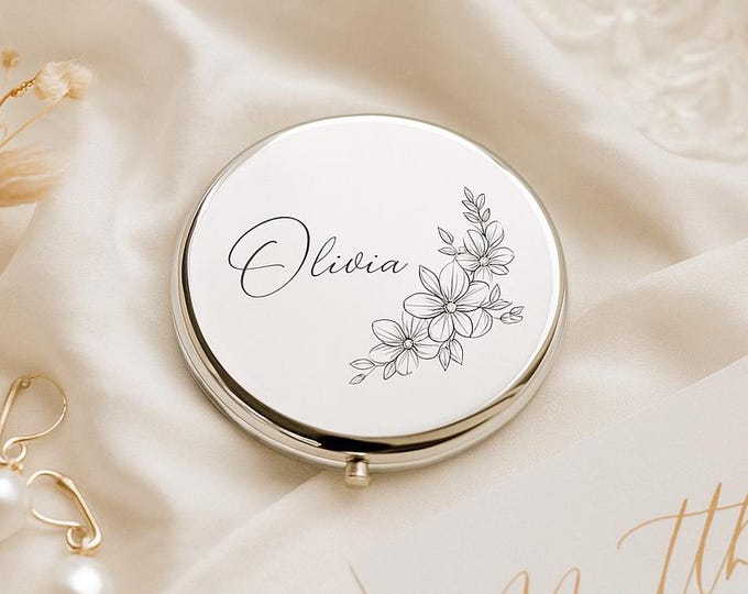 Bridesmaid Proposal Gift – Personalized Compact Mirror – Engraved Name Pocket Mirror – Rose Gold Bridesmaid Favor, Travel Makeup Mirror