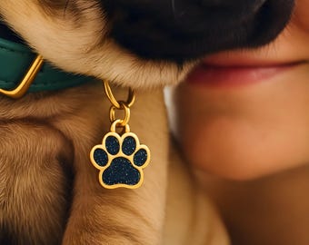 Glitter Paw Print Pet ID Tag with Ring | Personalised Dog Tag | Cute Cat Tag | Engraved Pet Collar Charm | Small Paw Tag for Dogs & Cats