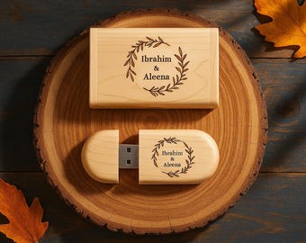 Personalized Wooden USB with Box Custom Logo, Name & Date Photo Storage Keepsake for Weddings, Gifts Branding Photographers, Custom Engraved