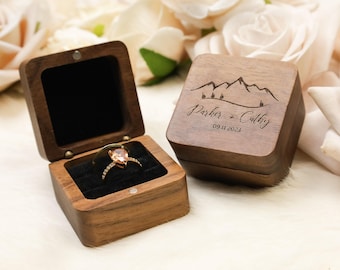 Personalized Wooden Ring Box, Custom Engagement Ring Bearer Box, Walnut Proposal Holder, Double Slot Page Boy Gift, Wedding Flat Lay Prop